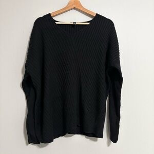 Eileen Fisher Asymetrical Soft Ribbed Long Sleeve Black V Neck Sweater